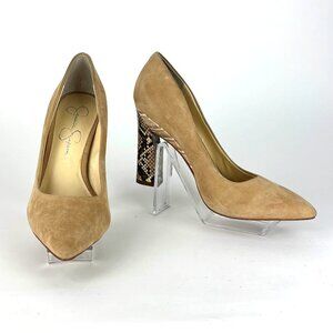 Chic Jessica Simpson Suede Pumps with Snakeskin Block Heels – Size 7.5